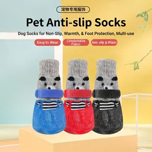 Dog Shoes Socks Waterproof Rubber Sole Knit Cotton Anti-Slip Thermal Cartoon Panda Pattern Adjustable Straps Small Dogs