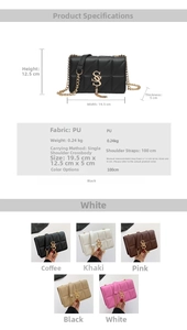 Detailed size chart and five-color comparison of quilted PU chain square bags