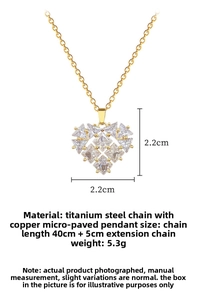Detailed size chart of a heart pendant necklace with dimensions and material specs