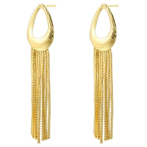 Elegant gold drop earrings featuring geometric hollow pendants and long tassel box chains