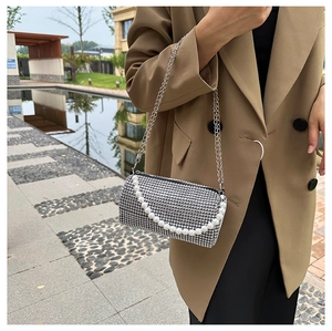 Dettaglio borsa a cuscino in strass argento con catena di perle e tracolla in metallo