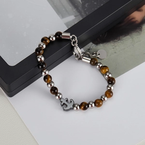 Men's tiger eye stone beaded bracelet featuring a stainless steel anchor pendant charm