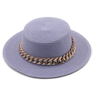 Flat top purple straw boater hat with decorative gold chain for women beach vacation