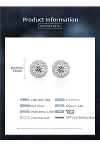 Detailed product specifications for S925 silver flower earrings with moissanite stones