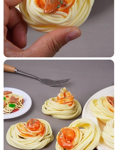 Vue détaillée du modèle miniature de spaghetti réaliste avec sauce et décor d'herbes