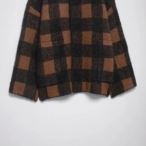 French style plaid knit cardigan in dark brown and black checkerboard texture
