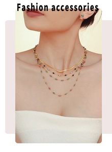Close-up of layered lapis lazuli beaded necklace and matching earrings set on model
