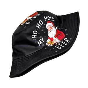Detail of Christmas bucket hat featuring Santa holding a beer with funny text embroidery