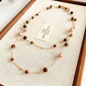 French Vintage Double Layer Necklace With Tiger Eye Stones And Imitation Artificial Pearls Palace Style Elegant Long Chain Jewelry