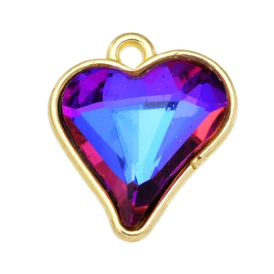 Detailed close-up of a heart-shaped blue-purple crystal pendant with golden metal frame