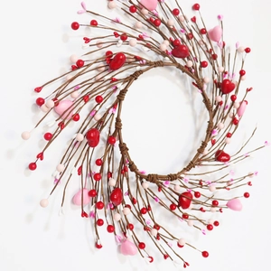 40cm Valentine's heart wreath with red and pink ornaments on natural twig base