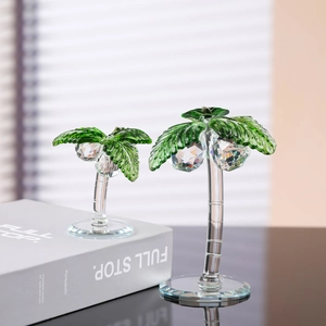Crystal Coconut Tree Figurine Green Leaf Tropical Ornament Faceted Glass Craft Modern Home Office Desktop Sculpture Decor