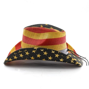 Close-up of patriotic USA flag pattern and breathable straw texture on the cowboy hat