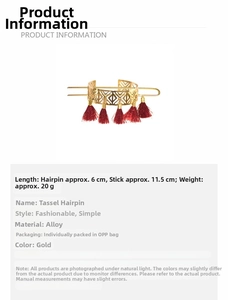 Detailed view of vintage gold hollow geometric hair stick with long red tassels