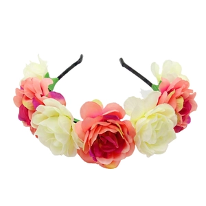 Elegant floral headband featuring colorful artificial roses with green leaves for women
