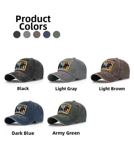 Detailed view of vintage washed cotton baseball caps in five retro colors with palm tree patches
