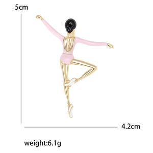 Fashionable enamel ballet dancer brooch in gold metal with pink and black finish