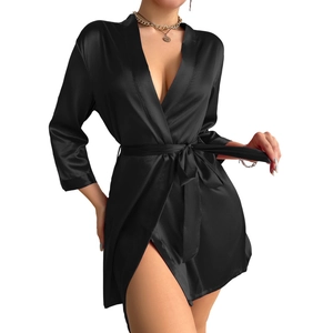 Elegant black satin mini robe with v-neck and waist tie, silky sleepwear for women