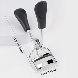 Professional stainless steel eyelash curler with ergonomic black handles and measurement guide