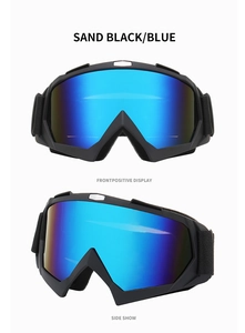 Front and side views of matte black ski goggles with blue lenses for outdoor sports