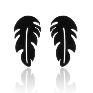 Minimalist black stainless steel feather leaf stud earrings set on a white background