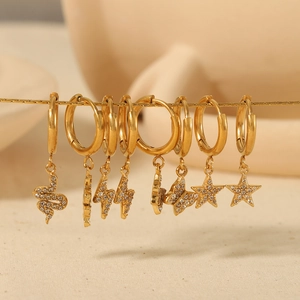 18K gold plated stainless steel huggie earrings set with butterfly and snake charms