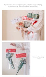 Detail of Christmas transparent gift bag with Santa Claus motifs and white carry ropes