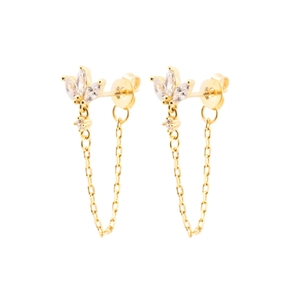 Elegant gold flower tassel earrings with marquise-cut crystals on a white background