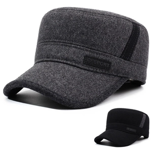 Men Winter Cadet Cap Wool Blend Flat Top Hat With Ear Flaps Warm Fleece Lined Outdoor Casual Adjustable Sport