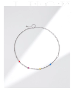 Detail of s925 silver choker with colorful heart charms and lobster clasp closure
