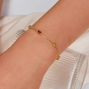 Elegant gold S925 silver bracelet featuring rectangle red and round yellow zircon stones
