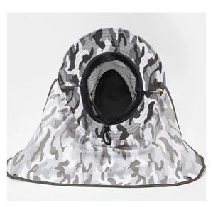 Detail of outdoor camo hat with breathable mesh vents and adjustable windproof strap