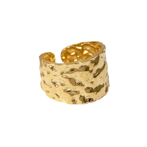 Minimalist wide hammered 18K gold plated stainless steel open ring for women