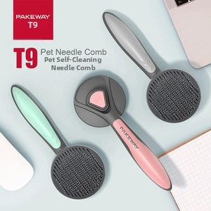 Macro detail of T9 pet self-cleaning needle combs in pink, green, and gray colors