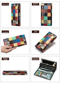 Détail du portefeuille en cuir patchwork multicolore avec emplacements cartes et compartiments