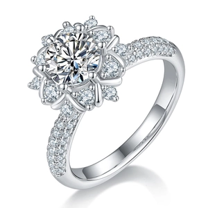 925 silver flower-shaped moissanite engagement ring with multi-stone halo and high polish