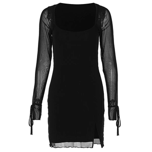 Chic black long sleeve dress featuring square neck and mesh sleeves with lace-up detail