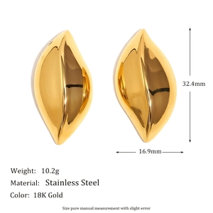 Elegant 18K gold plated stainless steel eye-shaped stud earrings in a leaf-like design
