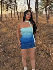 Sexy ruched tube mini dress with blue gradient and matching neck tie decoration