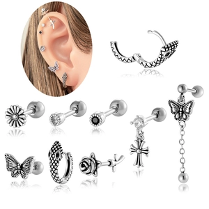 Retro Punk Ear Cartilage Studs Earrings Butterfly Rose Snake Titanium Steel Screw Back Piercing Jewelry For Women