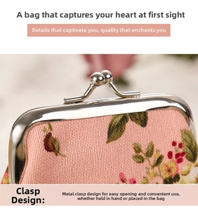 Close-up of vintage pink floral fabric coin purse with a silver kiss-lock clasp closure