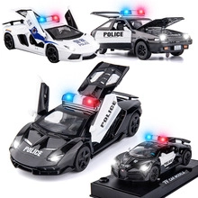 Detail of die-cast police model cars featuring opening doors and siren lights on bases