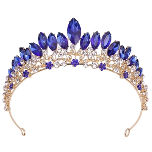 Luxury gold tiara with royal blue gemstones and crystals for bridal wedding attire