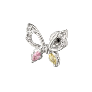Silver titanium butterfly stud earrings with pink and yellow marquise zircons on white backdrop