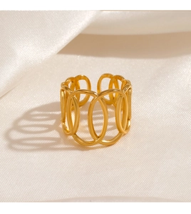 Detailed macro view of an oval hollow gold plated stainless steel open ring on silk