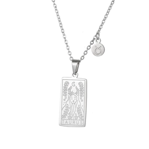 Detailed silver Taurus tarot necklace with zodiac symbol and stainless steel chain