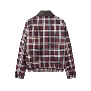 Chaqueta de cuadros para hombre en marrón rojizo y azul con cuello de cuero marrón