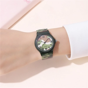 Close-up of camouflage quartz watch on wrist with matte black case and classic dial