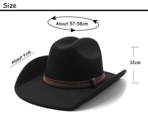 Detail view of black wool fedora with woven band showing 9cm brim and 12cm height