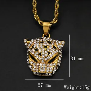 Collana con ciondolo a testa di leopardo oro hip hop con strass e catena a corda, 15g